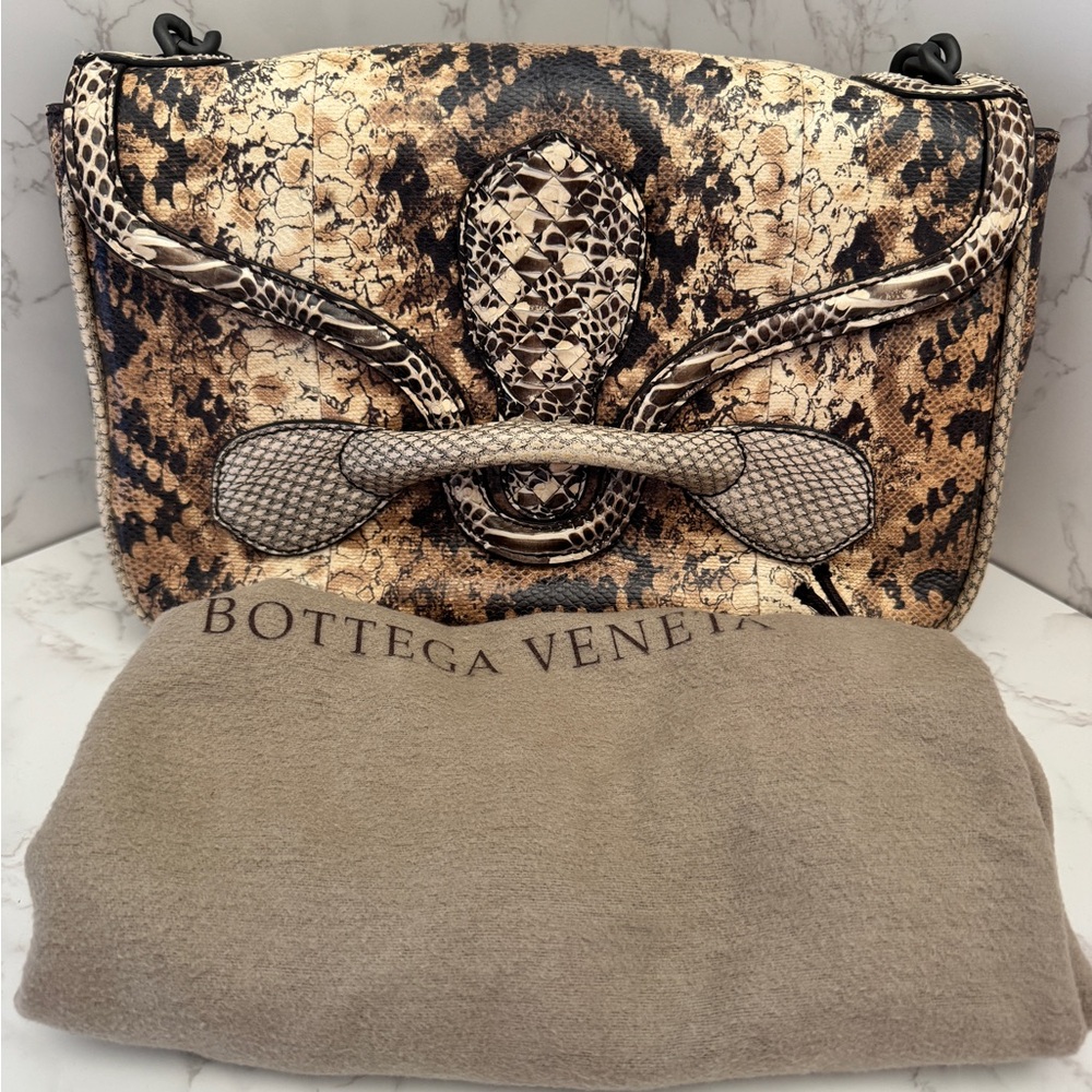 Bottega Veneta Snake Leather Shoulder Bag in Brown and Tan